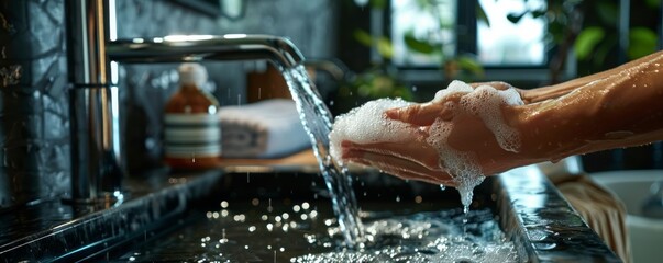 Washing hands in front of the sink in dark luxury bathroom, antibacterial concept banner. Generative AI.