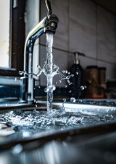 Sink with flowing clear water in bathroom. Generative AI.