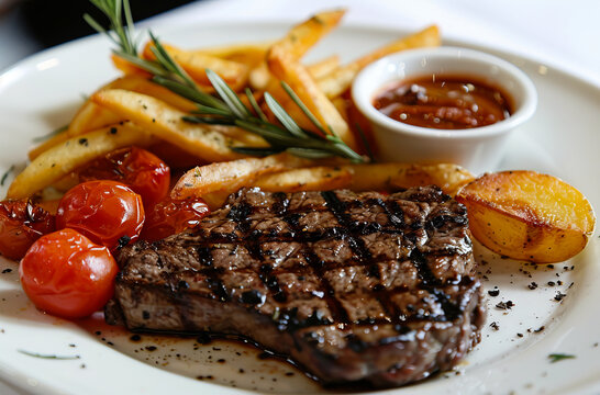 A steak with fries and tomatoes on a plate.