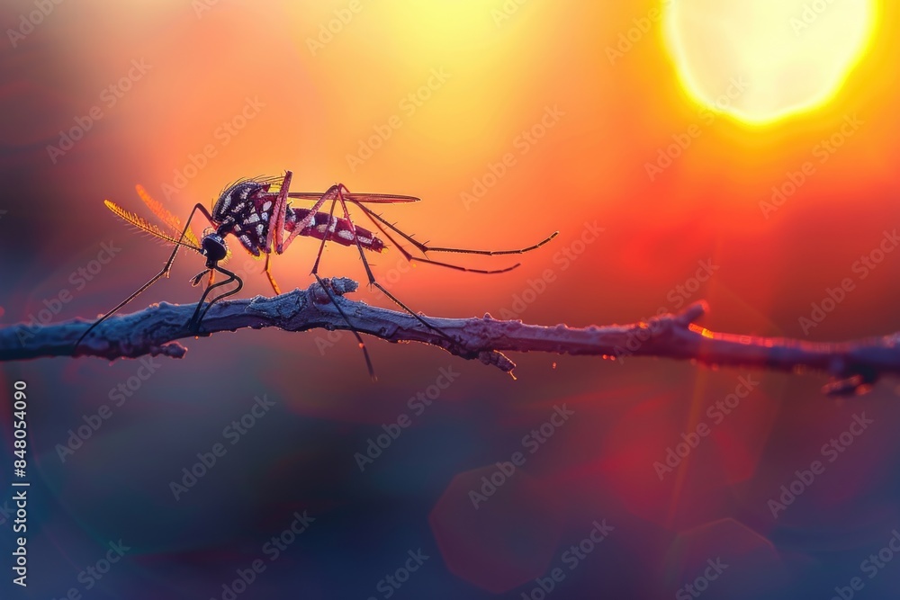 Aufkleber A close-up image of a mosquito resting on a tree branch, with leaves and branches visible in the background