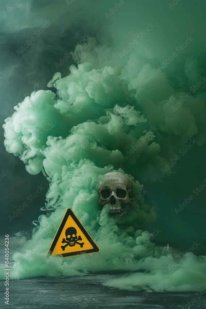 Poster a skull with a warning sign surrounded by thick smoke, perfect for use in cautionary or warning-rela