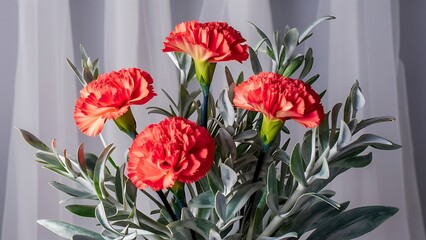 Flowers composition made of coral carnation and silver green leaves of senecio cineraria on pastel gray background