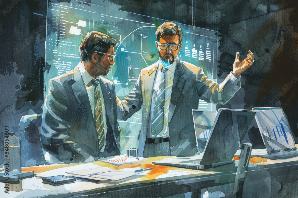 Aufkleber two businessmen in suits review data on computer screens in a modern office setting