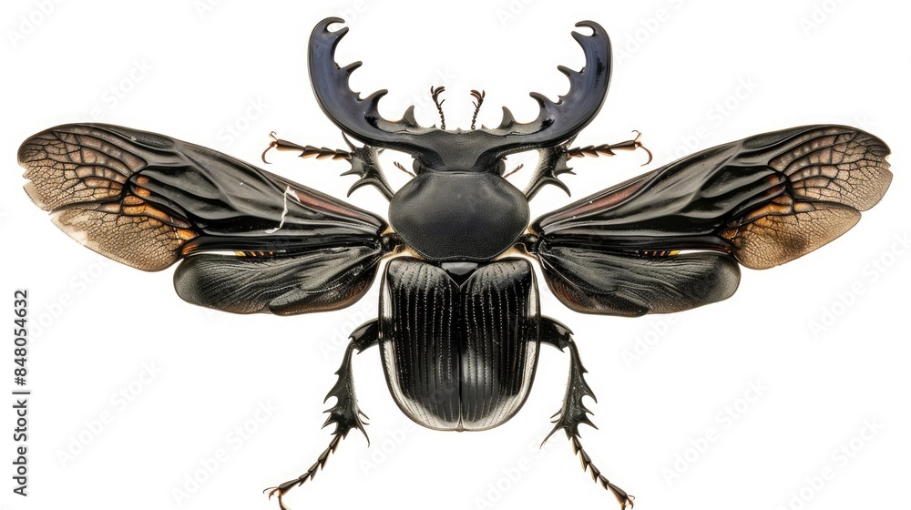 Poster a close-up image of a beetle with large wings on a white background, ideal for use in illustrations 