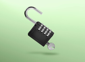 Combination padlock with master key in air on green gradient background