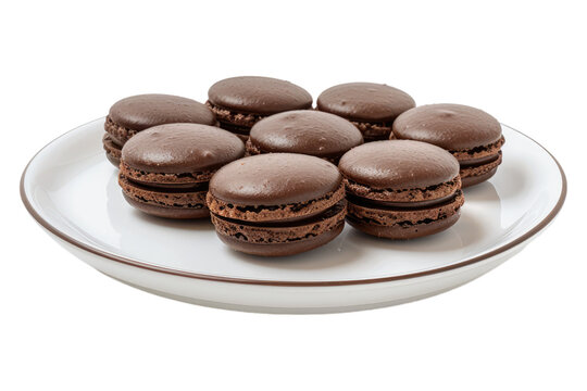 Chocolate macrons on white plate isolated on transparent background