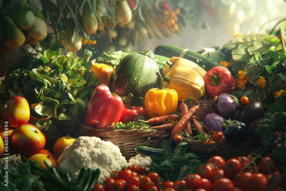 Poster a selection of fresh fruits and vegetables arranged in colorful wicker baskets