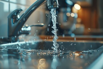 Sink with flowing clear water in bathroom. Generative AI.