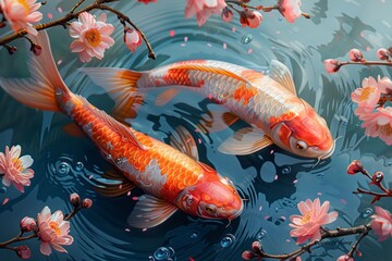 Oriental Colorful Koi fish Japanese swimming underwater surrounded by nature flower