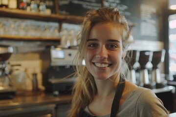 Obraz premium A woman stands behind the counter in a busy restaurant, ready to take orders and serve customers