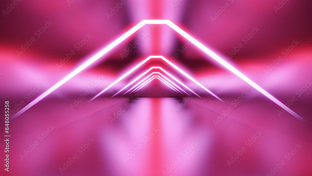 Poster abstract minimal neon background with glowing line. futuristic corridor with light neon background. 