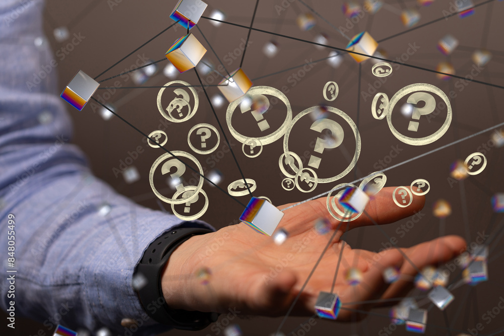 Aufkleber Businessman solving problem with digital question marks 3D rendering