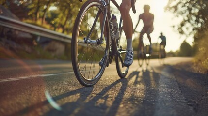 Naklejka premium Cyclists riding on a sunny road, showcasing the motion and energy of cycling in a beautiful natural setting.