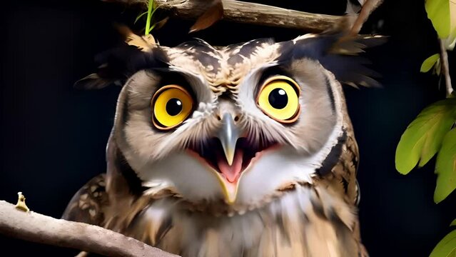 A very surprised great horned owl with wide open eyes and mouth
