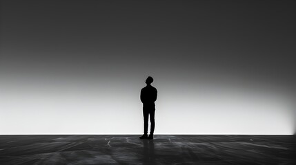 A solitary,silhouetted figure stands against a minimalist,abstract landscape,the pose and negative space suggesting a state of contemplation and self-examination,captured through a high-contrast.