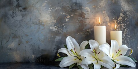 Soothing condolence background with white lilies candles and textured grey backdrop. Concept Condolence setting, White lilies, Candles, Textured grey backdrop © Anastasiia