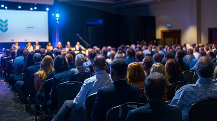 Audience attending a conference with a panel discussion on stage, featuring a blue-lit atmosphere in a modern convention hall.