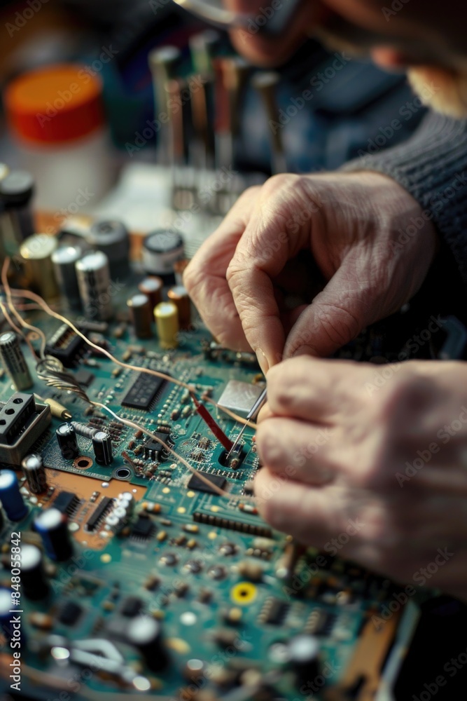 Aufkleber A close-up shot of someone working on a circuit board, with various electronic components and tools visible