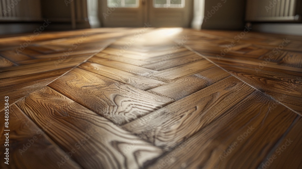 Poster A close-up shot of a wooden floor with a herringbone pattern, featuring a brown and beige design