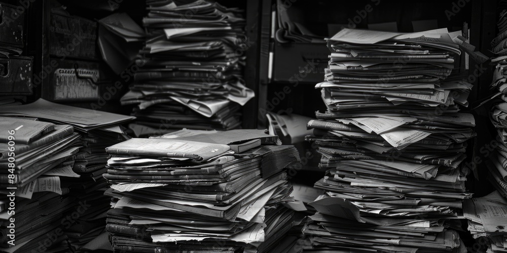 Poster a pile of documents and files stacked high, possibly needing organization or filing