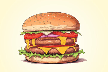 Hand drawn burger illustration, digital drawing flat illustration, isolated on a white background