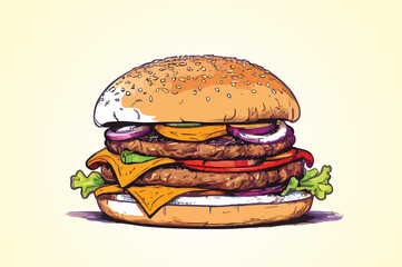 Hand drawn burger illustration, digital drawing flat illustration, isolated on a white background