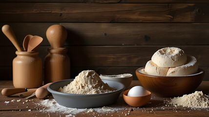 A kitchen baking scene with flour, rolling pin, cookie cutters, eggs, and a bowl of dough on a rustic table