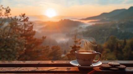 A cup of coffee sits on top of a wooden table, providing a cozy atmosphere