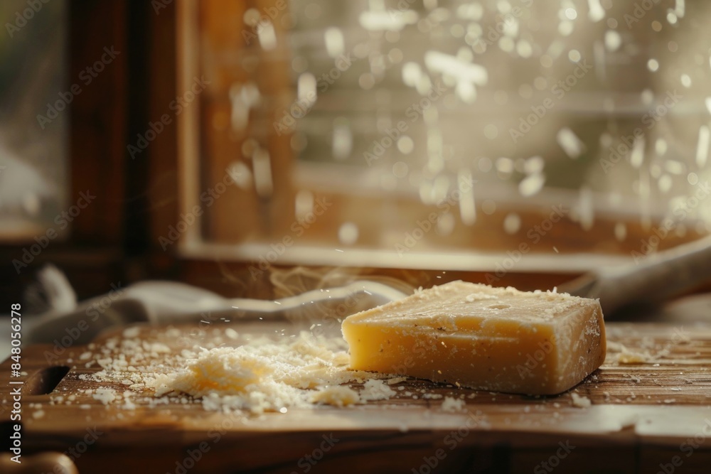 Sticker A piece of cheese sitting on top of a cutting board, perfect for a kitchen or food-related scene