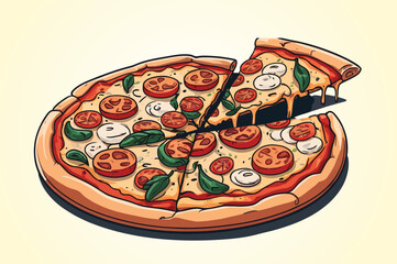 Hand drawn cartoon chopped italian pizza illustration, digital drawing flat illustration isolated on a white background