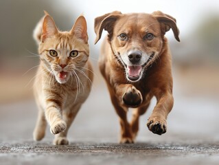 A joyful cat and dog running together on a path, showcasing a unique bond and dynamic energy in the outdoors.