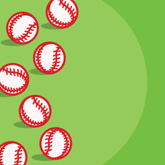 Group of round white and red baseball balls sport themed background illustration graphic design with empty copy space isolated on square green background for social media post or card prints.
