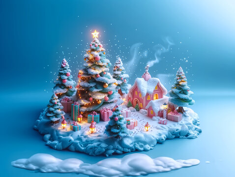 Three-dimensional scene of Christmas decorations There is a gift box under a large pine tree next to a house with a smokestack on white snow against a blue background.