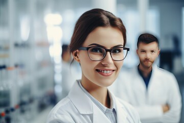 Fototapeta premium Beautiful young woman scientist wearing white coat and glasses