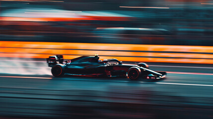 High-speed racing car on track in dynamic motion blur, representing speed, competition, and adrenaline in motorsport.