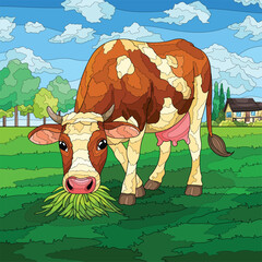 Cow Eating Grass Scenery Vector Illustration. Animal Eating Grass Scenery. Detailed Cow Vector Illustration.