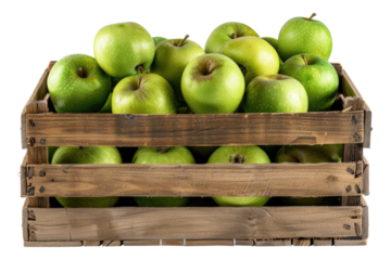 Green apples in a wooden carat isolated on transparent background