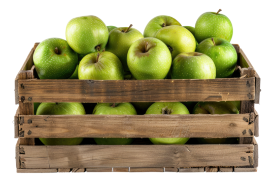 Green apples in a wooden carat isolated on transparent background