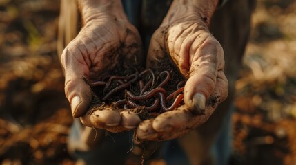 Fototapeta premium close up of mature farmer hands showing group of earthworms 