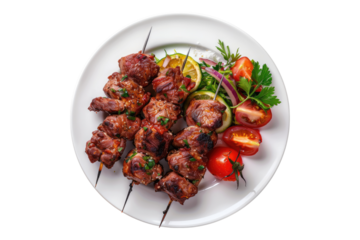 Grilled kebab on white plate isolated on transparent background