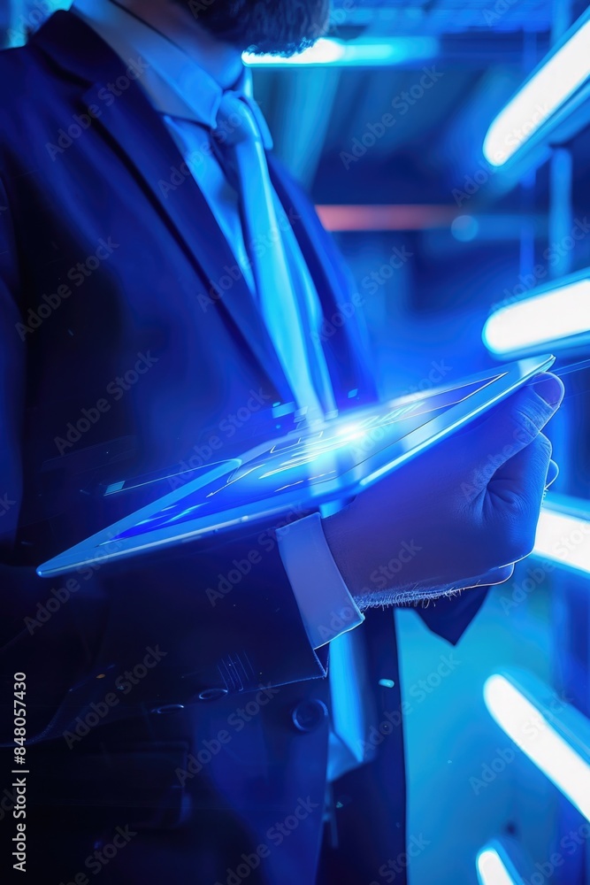 Poster a professional man holds a tablet computer, ready to work or access information