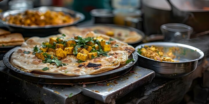 Delicious street food from Delhi featuring masala roti paneer paratha and more. Concept Delhi Street Food, Masala Roti, Paneer Paratha, Delicious Eats