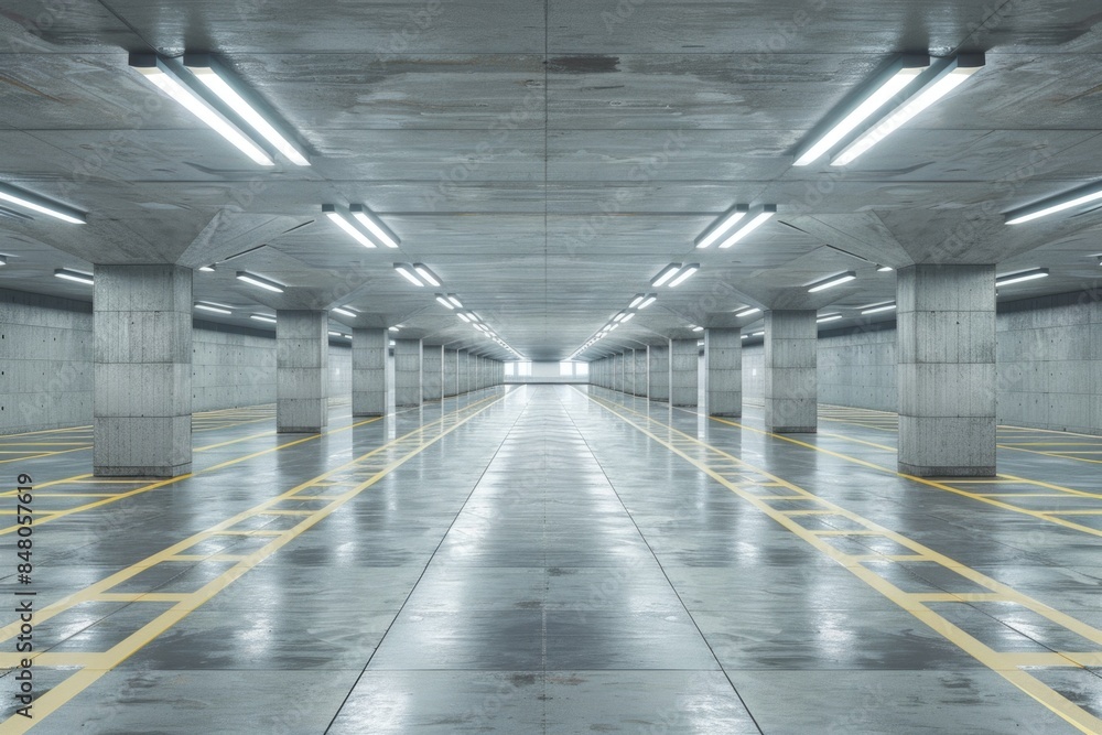 Poster a picture of a parking garage with yellow lines on the floor, ideal for use in scenes depicting isol