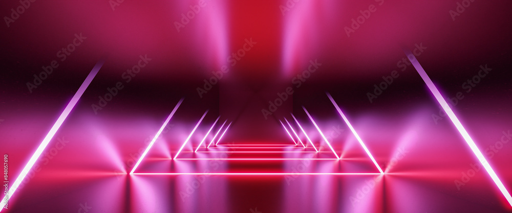 Poster abstract minimal neon background with glowing line. futuristic corridor with light neon background. 