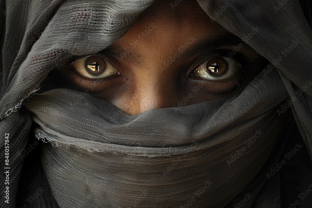 Poster a close-up shot of a person with their face hidden behind a veil