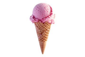 Pink ice-cream scoop on waffle cone isolated on transparent background