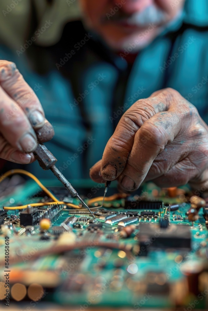 Aufkleber close-up shot of a person working on a circuit board, focusing on their hands and tools