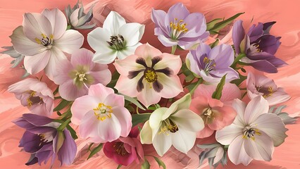 Floral composition with hellebore flowers on peach salmon background