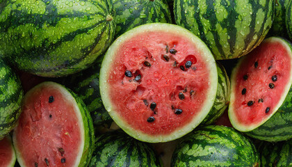 Sweet cut whole and slices of watermelon top view. Delicious fruit, nature organic food