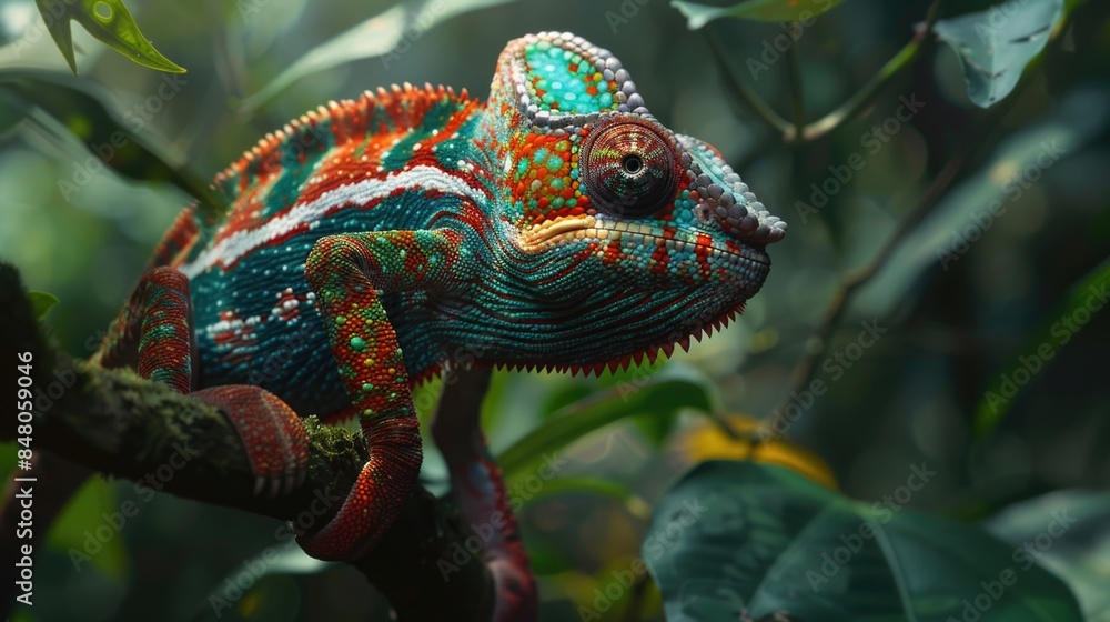 Poster A colorful chameleon sits on top of a tree branch, enjoying the view